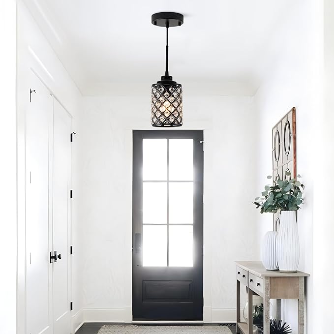 Black Pendant Light Fixtures,1-Light Modern Industrial Pendant Lights Kitchen Island, Matte Finish Hanging Lighting K9 Crystal Mini Chandelier for Dining Room,Hallway,Bedroom,Foyer（1 Pack