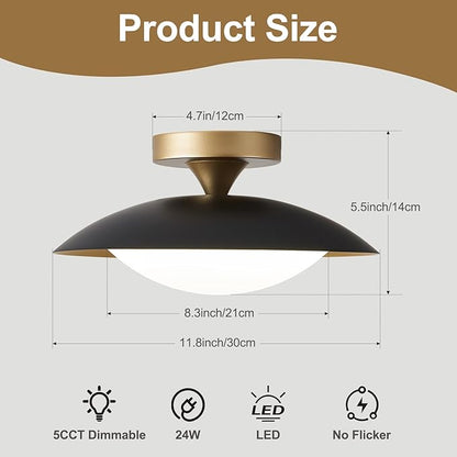 Small Dimmable Mid Century Modern Ceiling Light,5CCT LED Black Gold Semi Flush Mount Ceiling Lamp,for Hallway Entryway Bedroom Laundry Room Kitchen Light Fixture 2700K-6000K,11.81 in