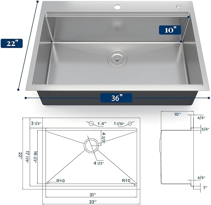 Stainless Steel Kitchen Sink 36 × 22 × 10 inch – Workstation Topmount Single Bowl Sink with Ledge, Brushed Finish, Includes Bottom Grid & Drain, 2.0mm Rim, 1.0mm Bowl
