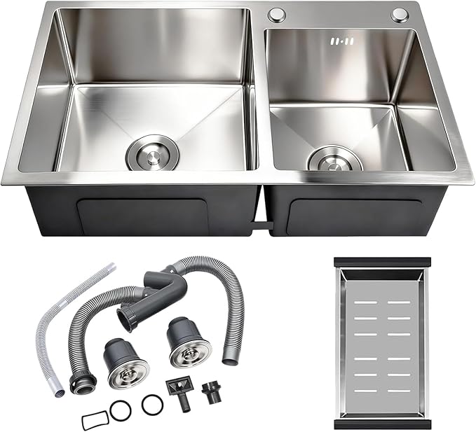 30-inch Kitchen Sink, Double Bowl Drop-in/Top-Mount 304 Stainless Steel with Nano Coating, Includes Drain Assembly & Fruit Basket for Modern Kitchen (30.7" x 16.9")