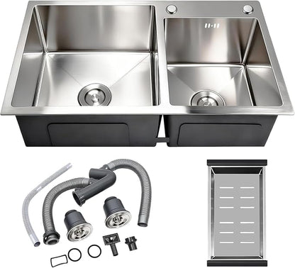 30-inch Kitchen Sink, Double Bowl Drop-in/Top-Mount 304 Stainless Steel with Nano Coating, Includes Drain Assembly & Fruit Basket for Modern Kitchen (30.7" x 16.9")