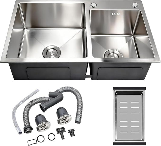 30-inch Kitchen Sink, Double Bowl Drop-in/Top-Mount 304 Stainless Steel with Nano Coating, Includes Drain Assembly & Fruit Basket for Modern Kitchen (30.7" x 16.9")