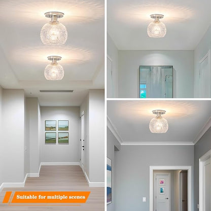 7.09in Brushed Nickel Semi Flush Mount Ceiling Light, Small Vintage Flush Mount Ceiling Light with Globe Glass, Close to Ceiling Lights for Hallway Porch Bedroom, Bulbs Not Included