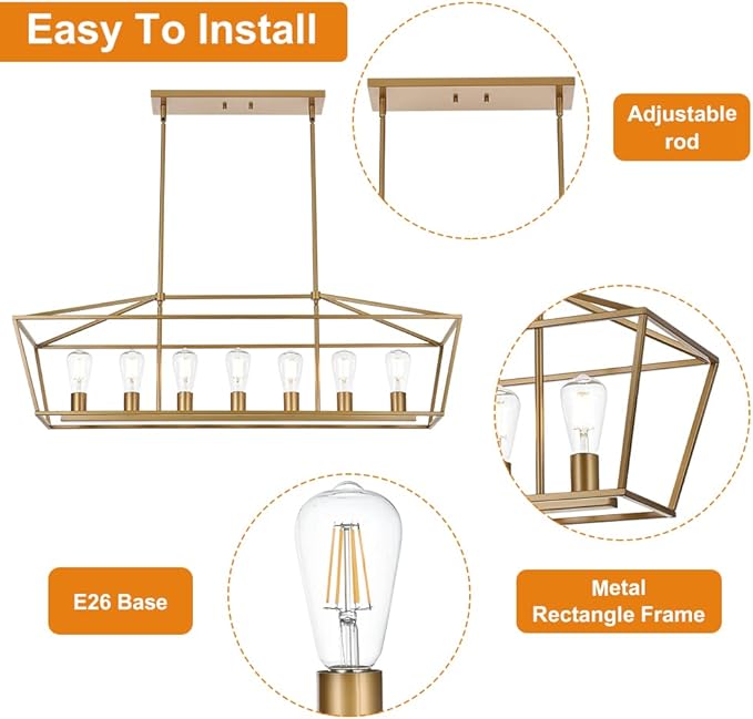 VINLUZ Gold Chandelier, Modern 7 Lights Metal Light Fixture for Dining Room Farmhouse Metal Kitchen Island Lighting Large Rectangle Hanging Pendant Lighting for Living Room Foyer Bedroom