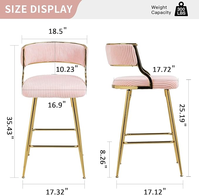 (Set of 2) 26'' Counter heightstools Corduroy Kitchen Island Counter Stool with Back,Golden Chromed Base and footrest,for Living Room