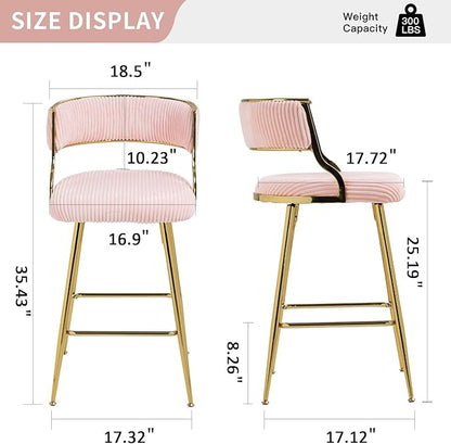 (Set of 2) 26'' Counter heightstools Corduroy Kitchen Island Counter Stool with Back,Golden Chromed Base and footrest,for Living Room