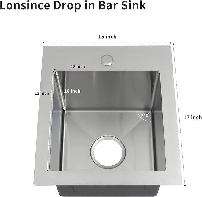 Drop In Bar Sink 15 X 17 inch,16 Gauge Stainless Steel Bar Sink,Outdoor Small RV Sinks,Top Mount Prep Sink for Wet Bar Area (15" X 17")