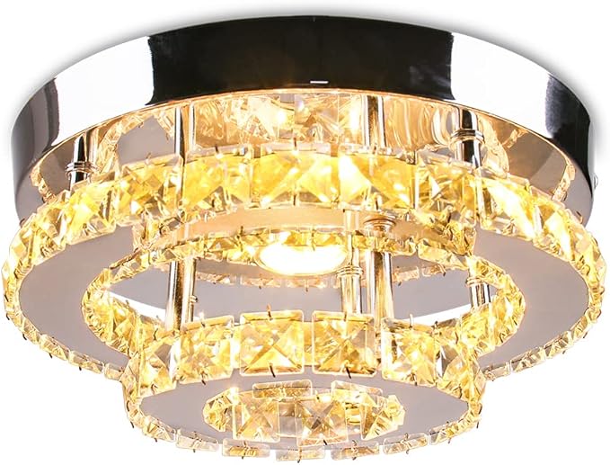 2-Tier Crystal Flush Mount Mini Chandelier Ceiling Light, 30W LED Modern Round Ceiling Fixture for Hallway Entryway Staircase Kitchen, Warm White (2500–3500K)