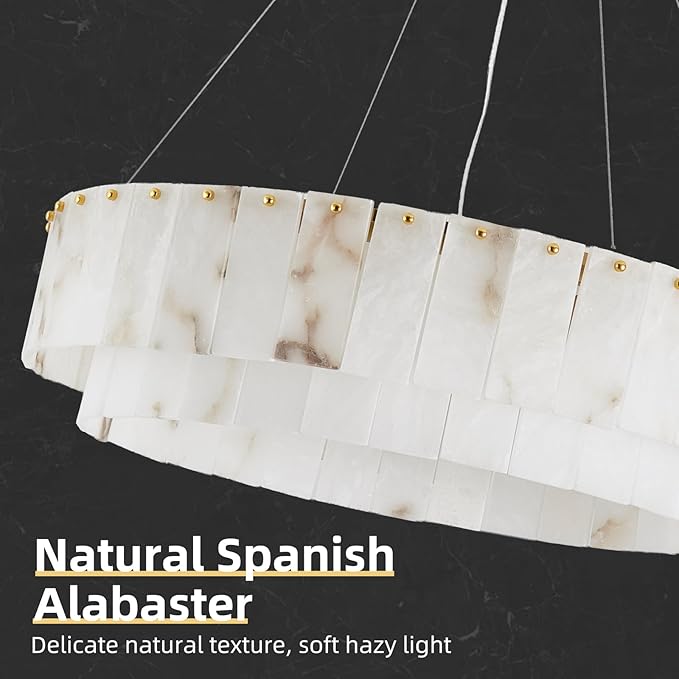 Lanhall Spanish Alabaster Chandelier, 2 Tiers Brushed Brass Modern Chandeliers for Dining Room Light Fixture 12-Light Pendant Light Natural Marble Chandelier for Kitchen Bedroom Living Room Foyer