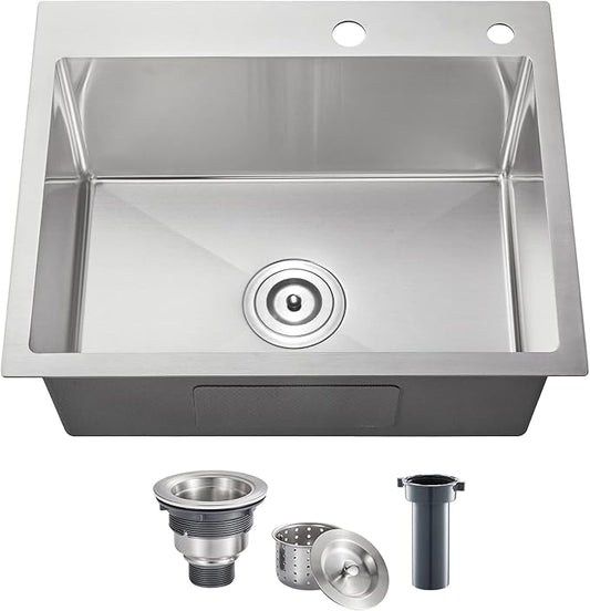 POPFLY 20×16 inch Drop In Kitchen Sink, 18 Gauge Stainless Steel Overmount Single Bowl Small Prep Bar Sink, Top mount Handmade Utility Deep Sinks with 2 Holes, Brushed Nickel