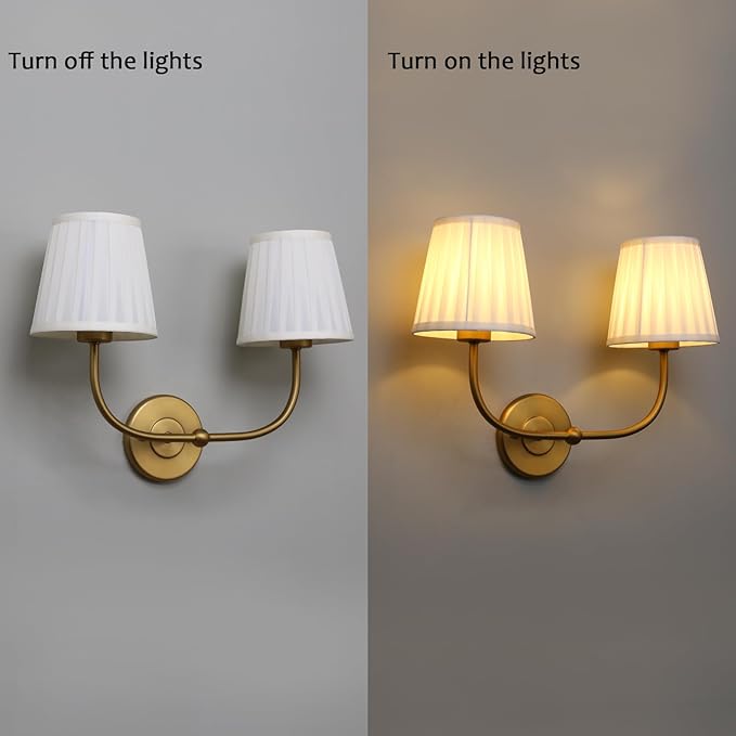 PERMO Vintage Sconce Gold 2 Lights Wall Sconces with Pleated Beige Stripe Fabric Shades Antique Bathroom Double Sconces Hardwired for Farmhouse Bedroom Hallway