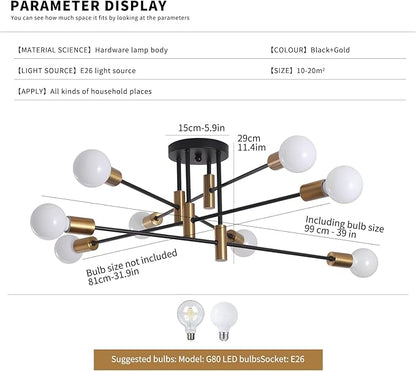 Garwarm 8-Light Black and Gold Sputnik Ceiling Light,Mid Century Semi Flush Mount Sputnik Chandelier Industrial Ceiling Lamp for Kitchen Dining Room Bedroom Foyer Entryway Hallway