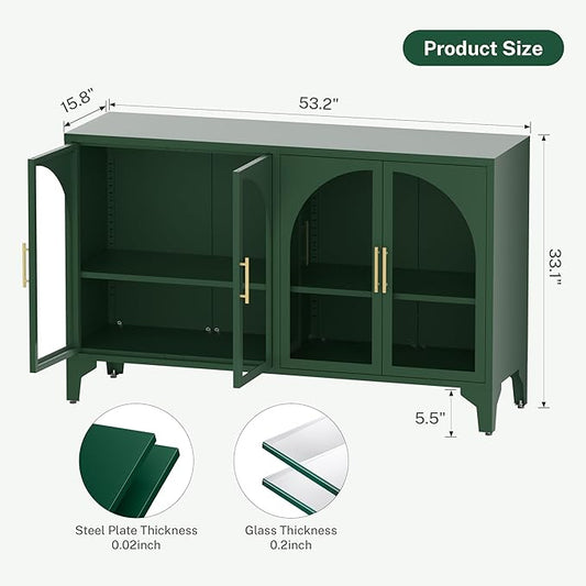Foreate Arched Sideboard Buffet Cabinet with Storage & LED Light, 53.2" Large Buffet Cabinet with 4 Glass Door & Adjustable Shelf, Modern Farmhouse Sideboard Credenzas Metal Kitchen Buffet, Green