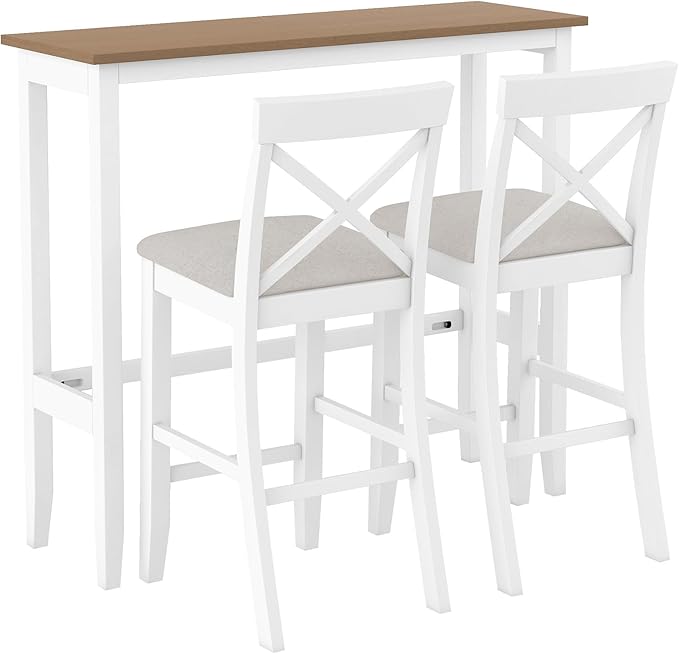 3 Piece Dining Table Set, Farmhosue Kitchen Bar Table Set with 2 Upholstered Chairs, Solid Wood Bar Table and Chairs Set for Kitchen, Dining Room, Living Room, Home Bar, White