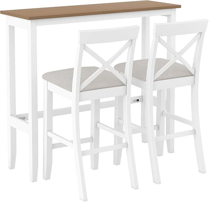 Farmhouse Bar Table Set of 3, Includes 48" Rectangular Wood Dining Table and 2 Bar Stools, Counter Height Kitchen Table Set for Small Spaces (Beige+ Brown + White + Solid Wood + Foam)