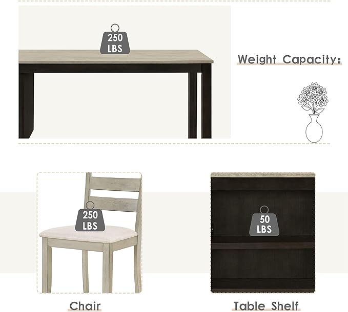 5-Piece Dining Table Set, Wood Rectangular Kitchen Table Set with 2-Tier Storage Shelves for 4 Persons, Farmhouse Dining Room Set with 4 Upholstered Chairs Space Saving Bar Pub Table Set