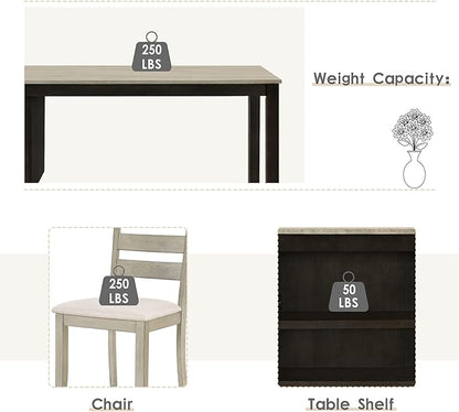 5-Piece Dining Table Set, Wood Rectangular Kitchen Table Set with 2-Tier Storage Shelves for 4 Persons, Farmhouse Dining Room Set with 4 Upholstered Chairs Space Saving Bar Pub Table Set