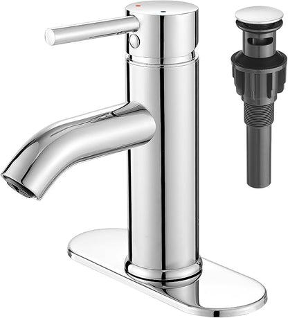 VOTON Chrome Bathroom Faucets 1 Hole, Stainless Steel Bathroom Sink Faucet with Metal Pop up Drain, Lavatory Faucet for Bathroom Sink