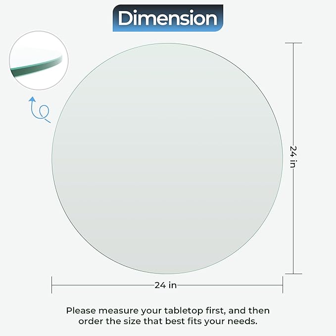 24" inch Round Tempered Glass Table Top - 1/4 inch Thickness & Flat Polished Edge - Clear Surface & Scratch Resistant - Ideal for Dining Room, Kitchen, Side, Office, Patio & Round Coffee Tables