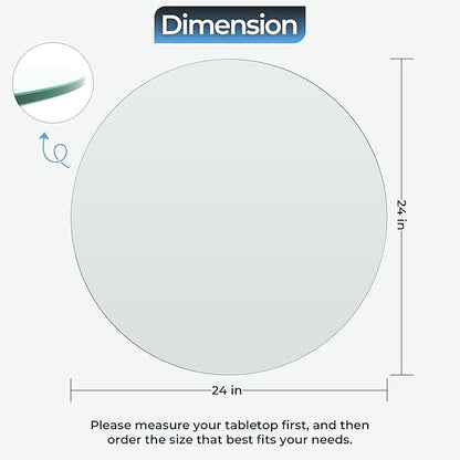 24" inch Round Tempered Glass Table Top - 1/4 inch Thickness & Flat Polished Edge - Clear Surface & Scratch Resistant - Ideal for Dining Room, Kitchen, Side, Office, Patio & Round Coffee Tables