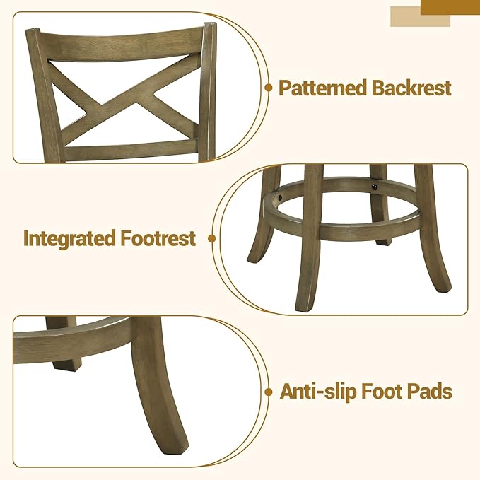 Giantex Wood Swivel Bar Stools Set of 2, 25" Upholstered Counter Height Bar Stools with X Back, Linen Cushioned Seat, Farmhouse Armless Wooden Barstools for Kitchen Island Dining Room, Grey
