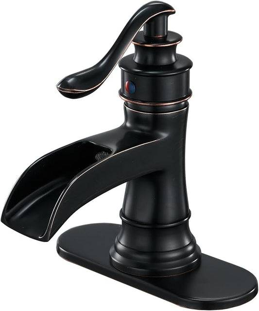 BWE Waterfall Bathroom Faucet Oil Rubbed Bronze Antique, Single-Handle One Hole Sink Faucet for Farmhouse Bath Vanity Lavatory Restroom, Solid Brass Construction