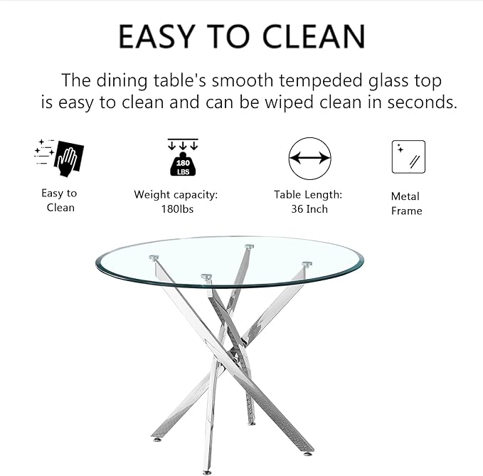 36" Glass Dining Table for 2-4, Modern Dining Room Table with 0.39" Tempered Glass Top and Cross X-Shaped Silver Stainless Steel Base, Round Kitchen Dinner Table for Dining Room