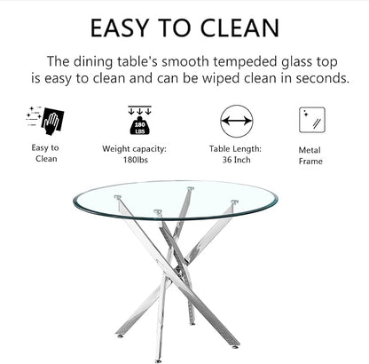 36" Glass Dining Table for 2-4, Modern Dining Room Table with 0.39" Tempered Glass Top and Cross X-Shaped Silver Stainless Steel Base, Round Kitchen Dinner Table for Dining Room