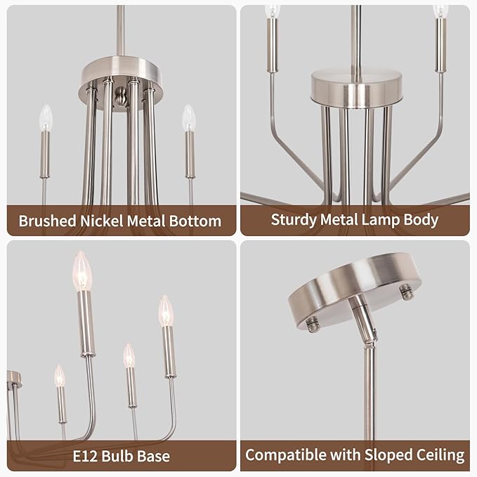 8-Light Farmhouse Chandelier for Dining Room Light Fixtures, Brushed Nickel Dining Room Light Fixture, Candle Ceiling Industrial Modern Chandelier for Living Room Kitchen Entryway Foyer Bedroom