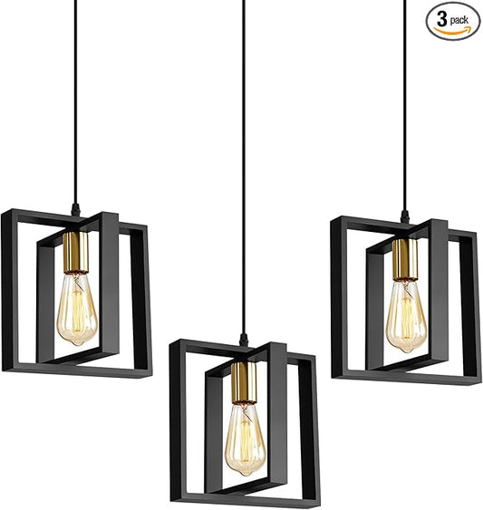 9MMML Black Pendant Lights Kitchen Island Set of 3, Farmhouse Hanging Lamp with 62'' Height Adjustable Cord, Small Wood Ceiling Pendant Light Fixture for Dining Room, Entryway, Foyer
