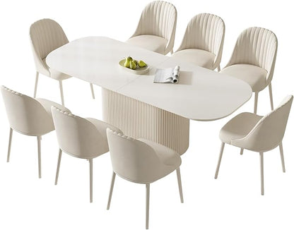 Miuuod 86.61" 9-Piece Oval Dining Table Set with 8 Upholstered Chairs Minimalist Kitchen Furniture Large Family Gathering for Dining Room,Home Office,Living Room Furniture,Cream White