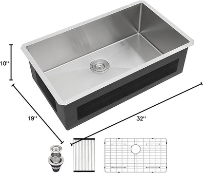 32 Inch Undermount Kitchen Sink - Fuyuoer 32x19 Inch Under Counter 16 Gauge Stainless Steel Single Bowl, 9'' Deep Basin with Round Corners