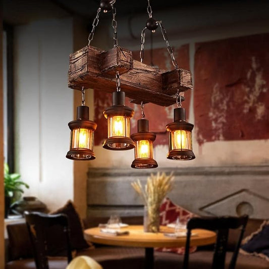 A Million Rustic Industrial Retro Chandelier with 4 E26 Light and Adjustable Hanging Chain, Vintage Wood Grain Pendant Light for Farmhouse Lighting Fixture 21.6 x 15 Inch