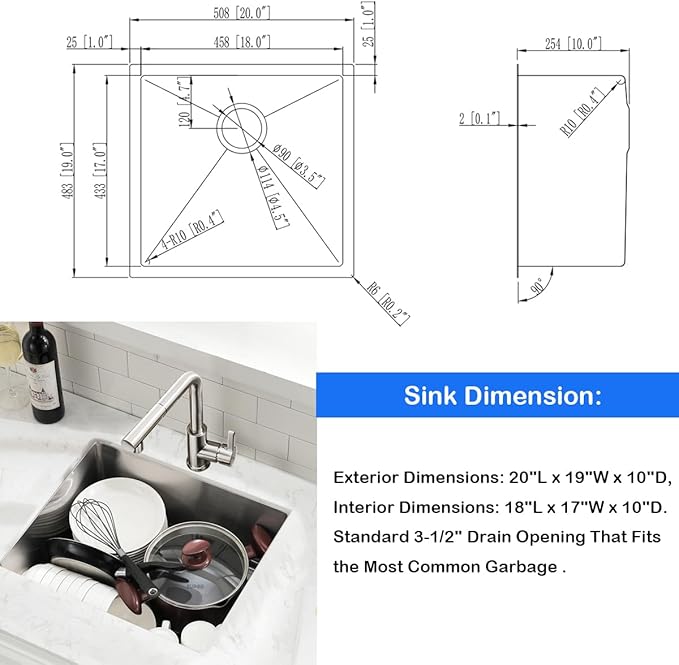 20 Inch Undermount Kitchen Sink with Faucet Combo - SZBAQTM 20"x19"x10" Stainless Steel Undermount Sink Single Bowl 18 Gauge Handmade Design sink with Pull-Out Faucet