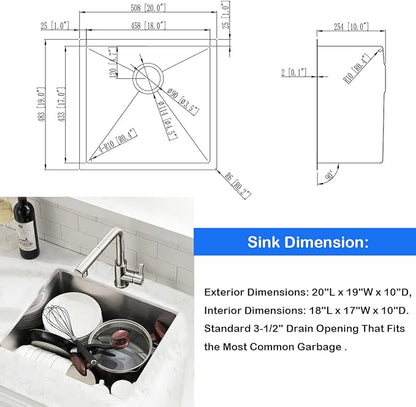 20 Inch Undermount Kitchen Sink with Faucet Combo - SZBAQTM 20"x19"x10" Stainless Steel Undermount Sink Single Bowl 18 Gauge Handmade Design sink with Pull-Out Faucet