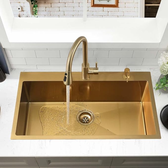 33 Inch Gold Drop In Kitchen Sink -Wesliv 33x22 Inch Gold Kitchen Sink Stainless Steel 18 Gauge 9 Inch Single Bowl Deep Sink with Soap Dispenser & Dish Grid