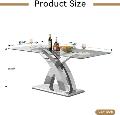 70" Glass Dining Table for 6-8, Modern Dining Room Table with 0.39" Tempered Glass Top and X-Shaped Silver Stainless Steel Base, Rectangle Kitchen Dinner Table for Dining Room