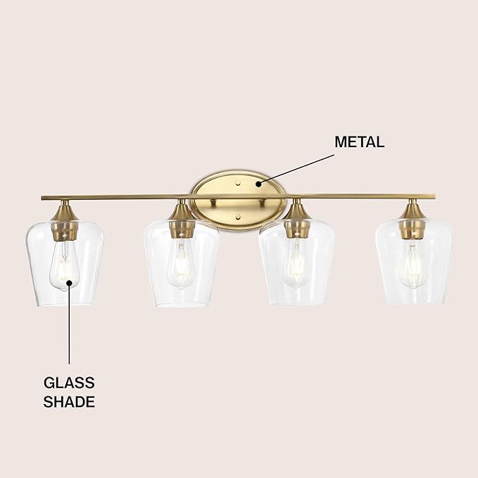 JONATHAN Y 32" Brass Gold 4-Light Farmhouse Rustic LED Vanity Light Sconce, Clear Glass Shade, Vintage Indoor Fixture for Bathroom Mirror, LED Bulb Included (JYL7548B)