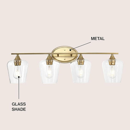 JONATHAN Y 32" Brass Gold 4-Light Farmhouse Rustic LED Vanity Light Sconce, Clear Glass Shade, Vintage Indoor Fixture for Bathroom Mirror, LED Bulb Included (JYL7548B)