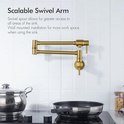 Wall Mount Spout Cold Water Only Double Lever Handle Brushed Brass Kitchen Sink Faucet Stove, Pot Filler Faucet with Dual Joint Swing Armk Sink Faucet, Brushed Old Gold-PVD