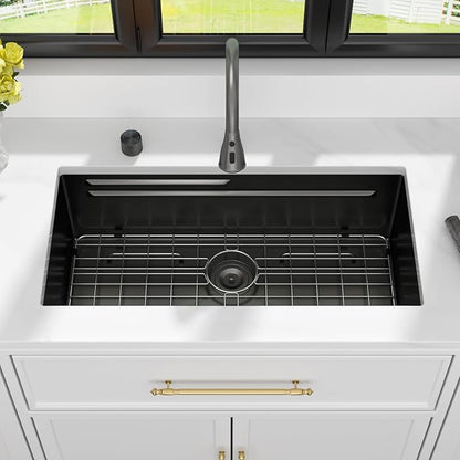 Kichae 33" Undermount Waterfall Kitchen Sink - 33x17 Black Undermount Sink Ledge Workstation 16 Gauge Stainless Steel Deep Single Bowl Under Counter Handmade Basin with Faucet Combo & Wash Basin