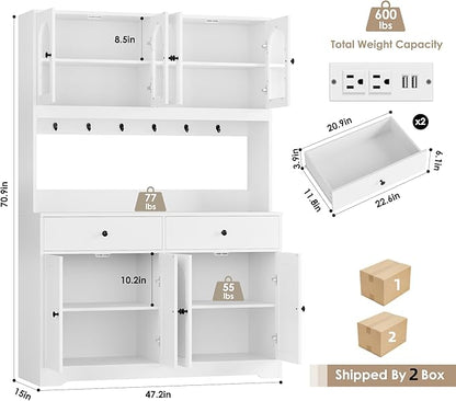 HIFIT 71" LED Kitchen Pantry Cabinet with Power Outlet, Large Kitchen Hutch Storage Cabinet with Arched Door & Shelves & 2 Drawers, Tall Modern Coffee Bar with Hutch for Home Dining Living Room, White