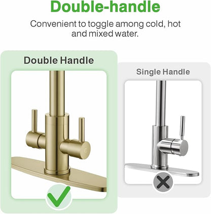Kitchen Sink Faucet, 2 Handles Pull Down with Sprayer, Brushed Gold, PB1056