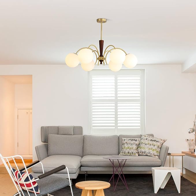 KCO Lighting 6 Light Gold Sputnik Light Fixture Vintage Brass Milk Glass Chandelier White Globe Pendant Lights Kitchen Island Modern Farmhouse Chandeliers for Dining Room