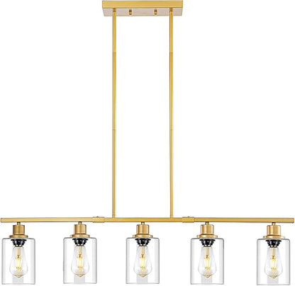 39.4" Kitchen Island Lighting, 5 Lights Clear Glass Pendant Light Fixtue, Golden Linear Metal Chandelier for Dining&Living Room Foyer,Height Adjustable,E26 Socket
