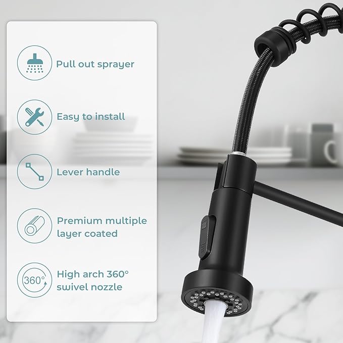 Kitchen Faucet with Pull Down Sprayer,Commercial Single Handle Stainless Steel Kitchen Faucets with Deck Plate (Matte Black)