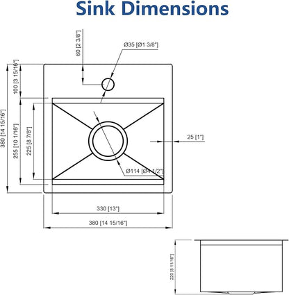 Bar Sink, 15 x 15 Inch Stainless Steel Single Bowl Topmount Small Outdoor RV Handmade Sink with Bottom Rack and Cutting Board