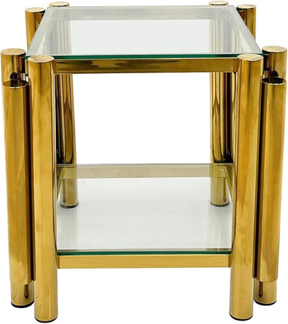 20" Square End Table, Modern Stainless Steel End Table, Double-Layer Clear Tempered Glass with Storage, for Living Room Home Office, Gold