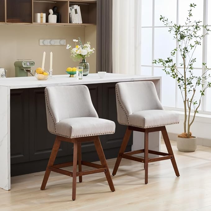 Comfortable Upholstered Swivel Bar Stool with Wooden Legs and Soft Fabric Seat for Kitchen Island or Home Bar Use (Beige + Wood+Fabric + Foam)