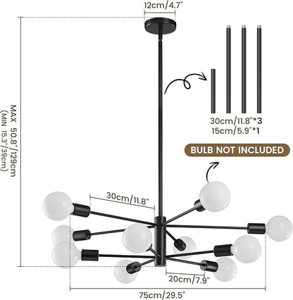 KAISITE Modern Chandelier Ceiling Light Fixture Sputnik Chandelier 10-Light Black Chandelier for Dining Room Over Table Height Adjustable Lighting Fixture Ceiling Hanging for Farmhouse Kitchen